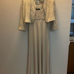Elegant sequined dress in taupes/gold. Comes with matching bolero jacket.